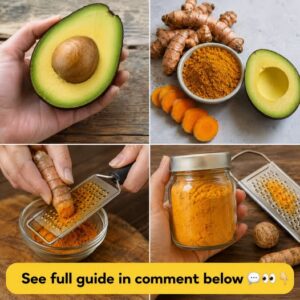 A close-up of a fresh avocado fruit and a turmeric root side-by-side on a rustic wooden surface highlighting their natur