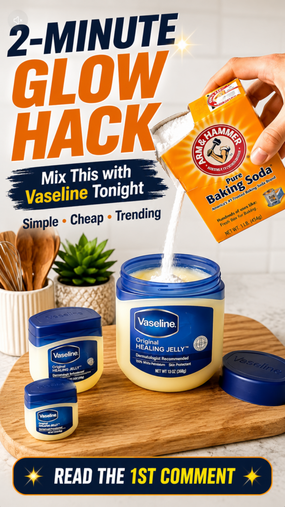 A hand pouring white baking soda from an Arm Hammer box into an open jar of Vaseline Original Healing Jelly on a wooden