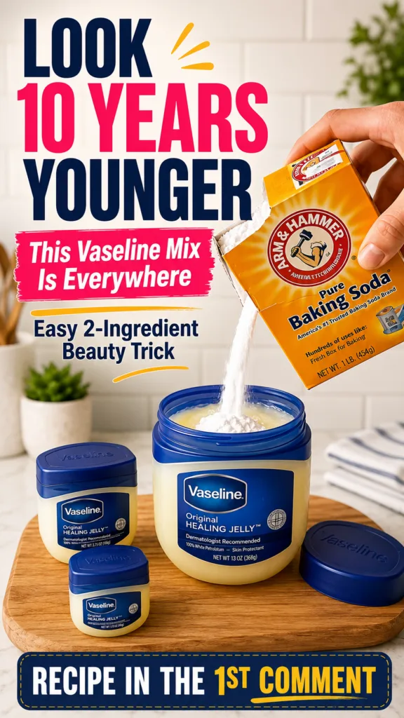 A hand pouring white baking soda from a box into a large jar of Vaseline Original Healing Jelly with smaller Vaseline ja