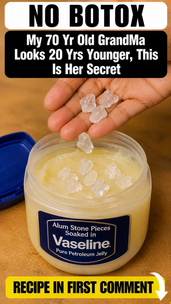 A close-up of a hand stirring yellow gel-like Vaseline with clear crystalline alum stone pieces in a clear plastic jar w