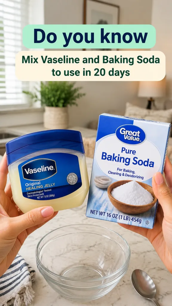 Two hands holding a jar of Vaseline and a box of baking soda over a bowl on a marble counter with a blurred background o