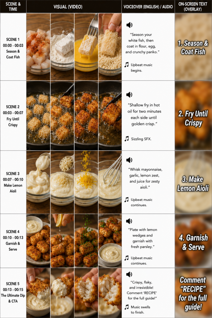 A comprehensive recipe infographic for crispy fish bites with lemon aioli showing steps like preparing ingredients bread
