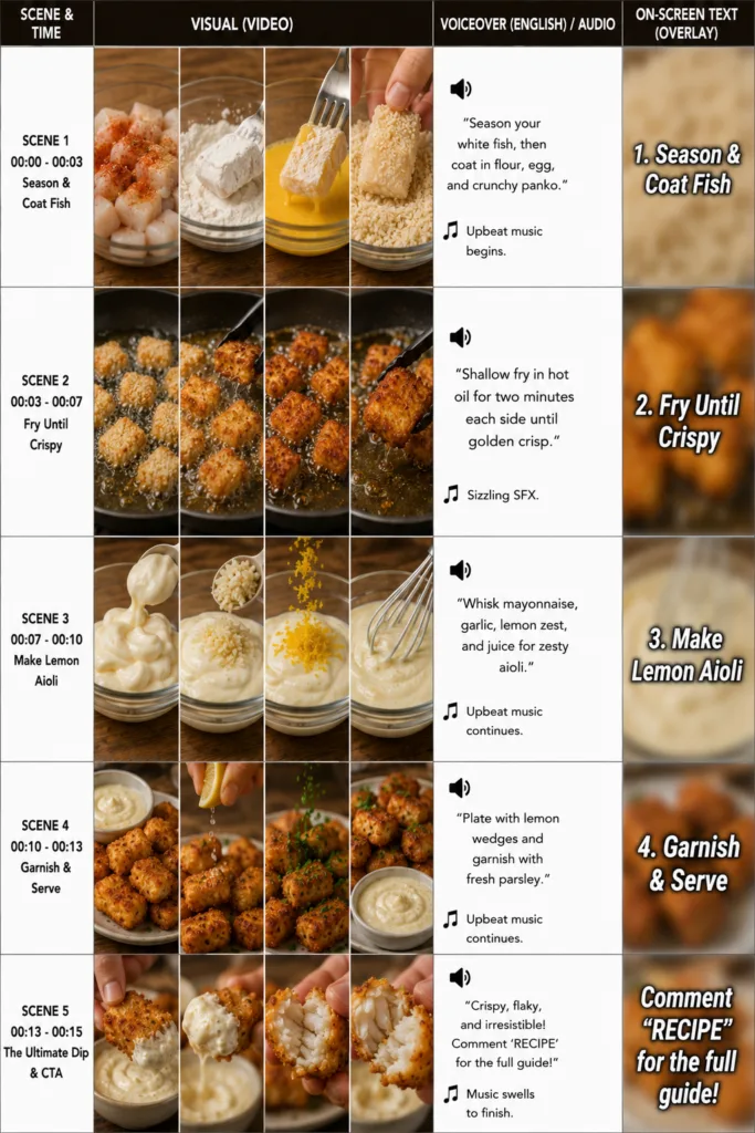 A comprehensive recipe infographic for crispy fish bites with lemon aioli showing steps like preparing ingredients bread