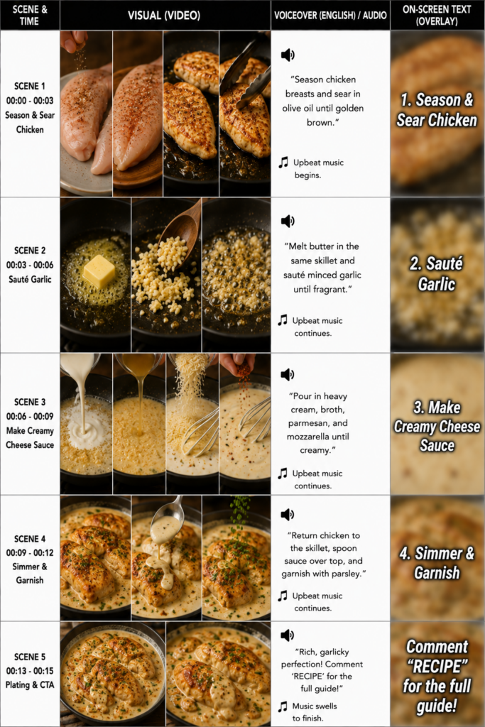 A visual storyboard in a grid layout showing five steps of cooking creamy garlic tofu The scenes include pressing and se