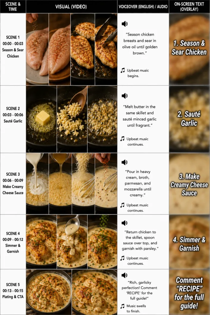 A visual storyboard in a grid layout showing five steps of cooking creamy garlic tofu The scenes include pressing and se