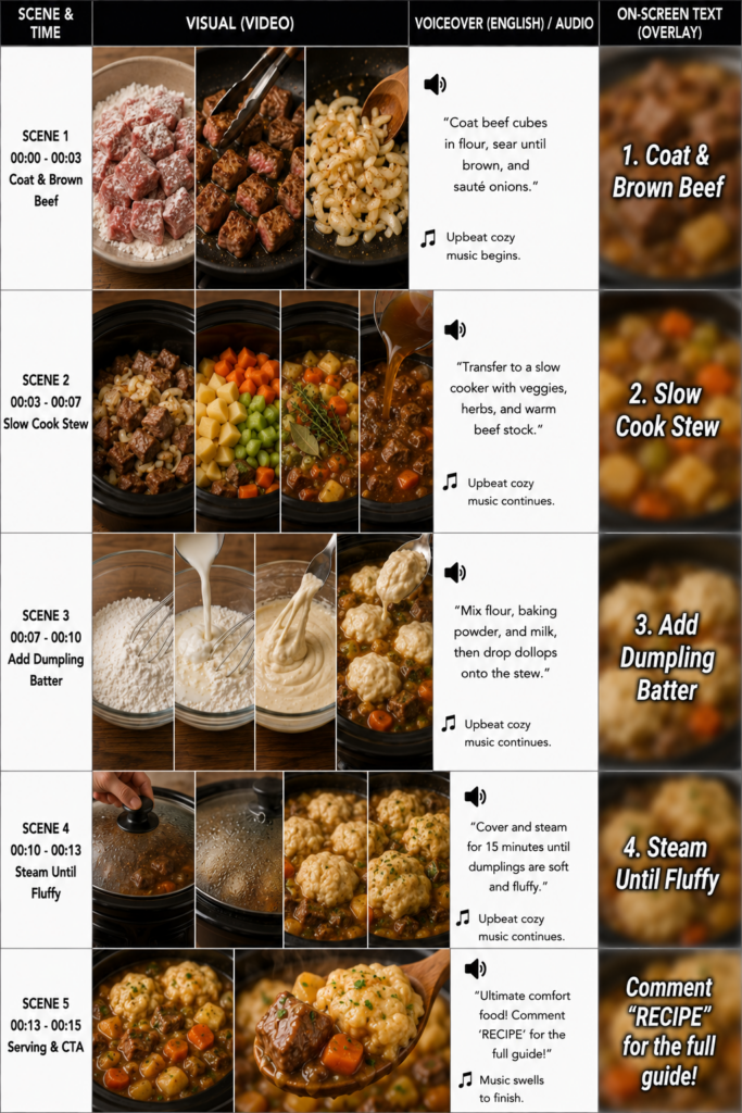 A richly colored vegan stew with plant-based dumplings in a rustic bowl steam rising on a wooden table The stew is thick