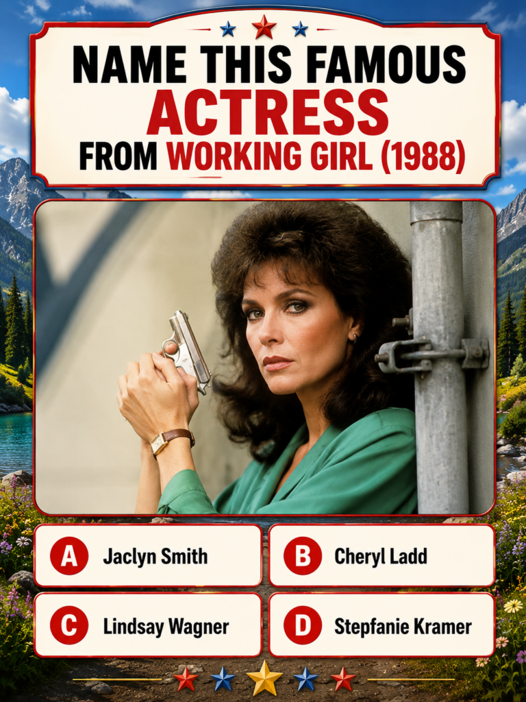 Quiz image showing a portrait of Jaclyn Smith in an 80s style holding a small silver handgun with quiz text NAME THIS FA