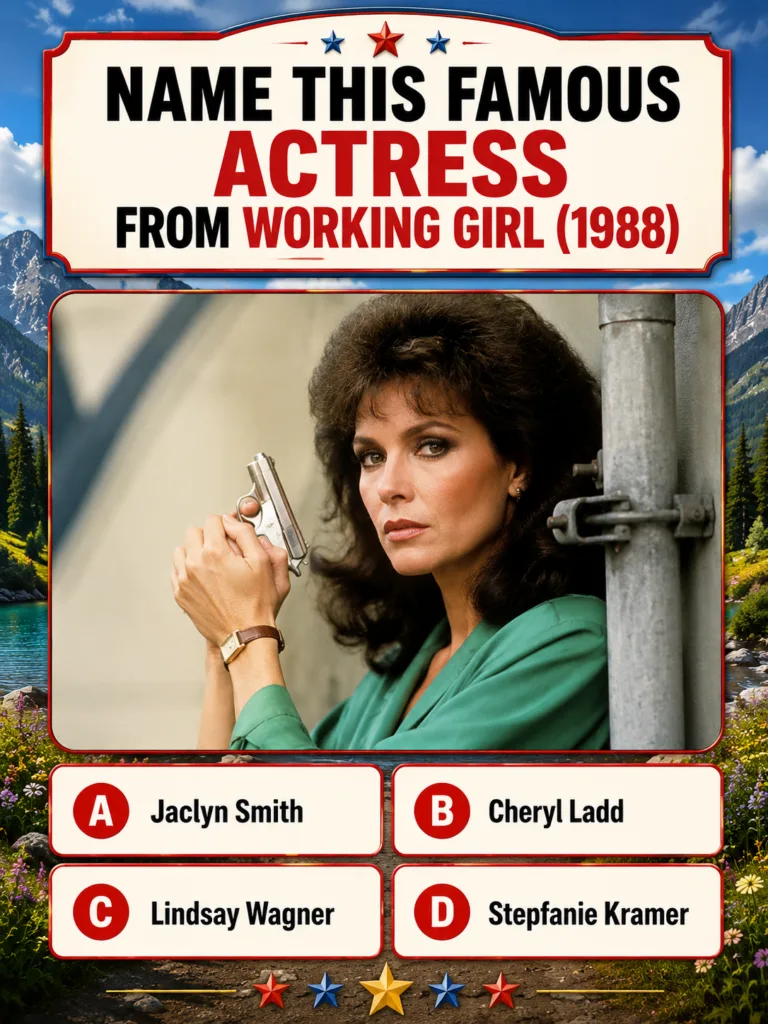 Quiz image showing a portrait of Jaclyn Smith in an 80s style holding a small silver handgun with quiz text NAME THIS FA