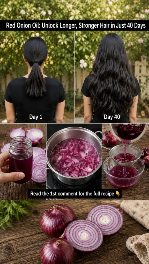 A vertical collage showing before and after hair transformation the process of making red onion oil boiling straining an