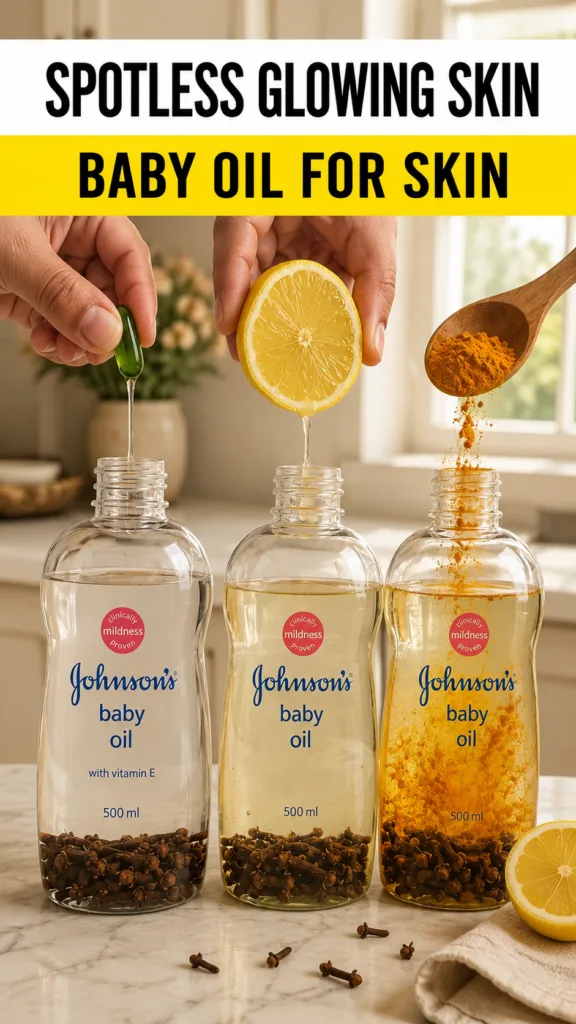 Three bottles of Johnson s baby oil being infused with natural ingredients vitamin E lemon and turmeric Cloves are at th