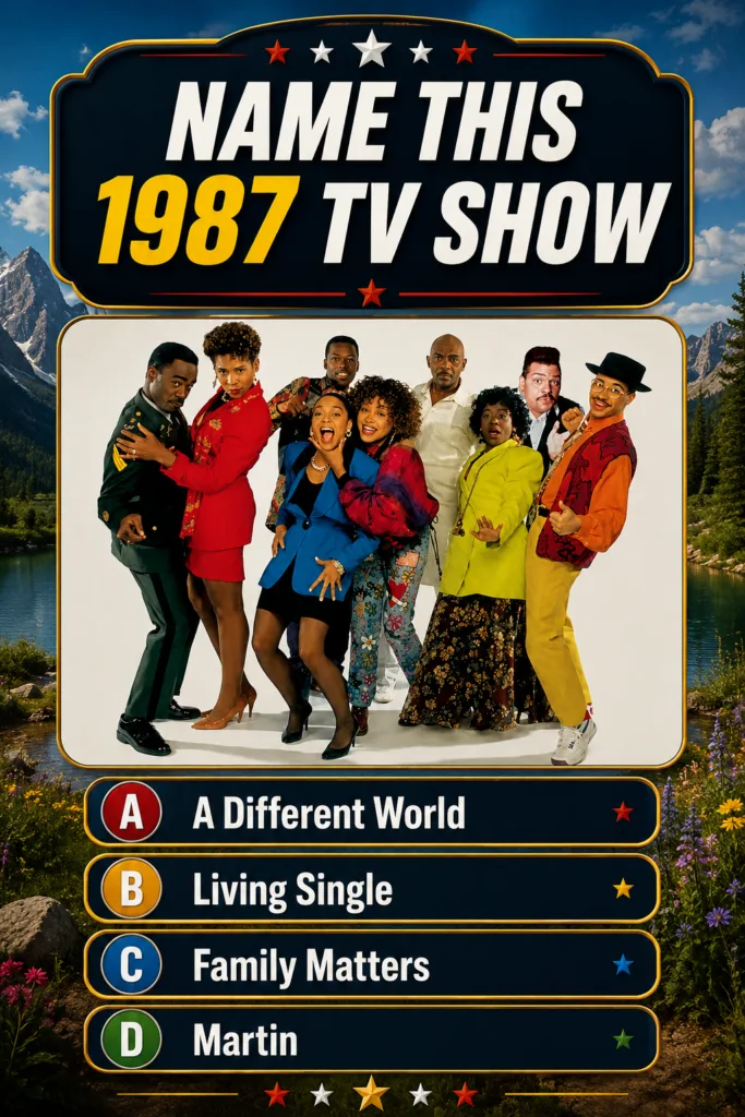 A brightly colored quiz poster with NAME THIS 1987 TV SHOW at the top featuring a studio portrait of eight diverse indiv