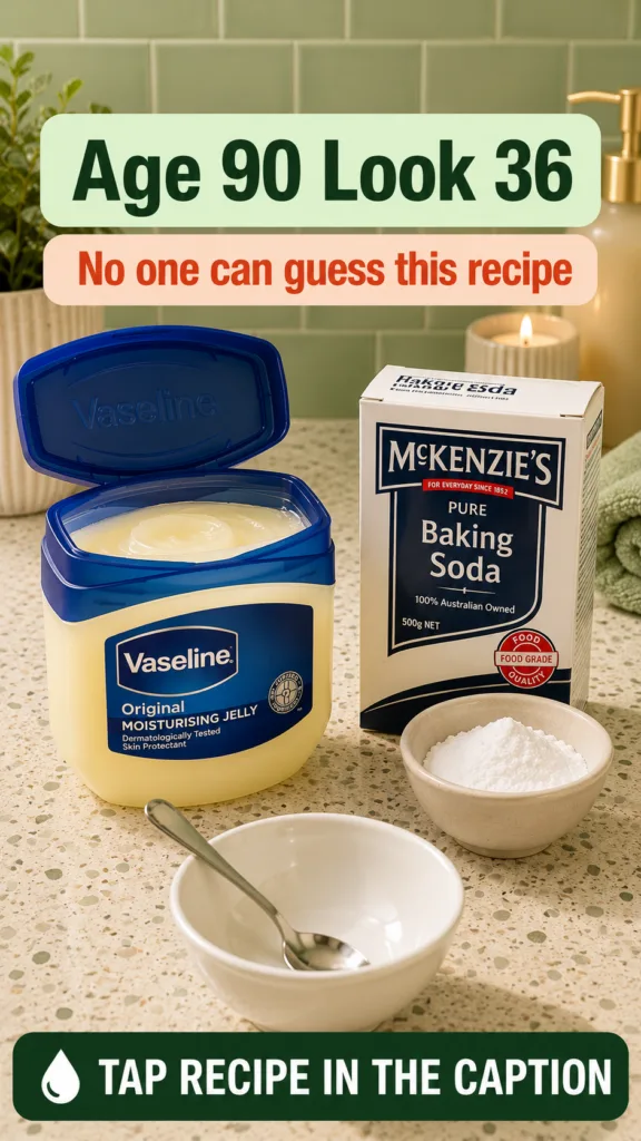 A close-up of a jar of Vaseline and a box of baking soda with small bowls prepared for mixing on a kitchen countertop