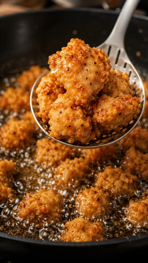 A close-up shot of perfectly golden-brown crispy vegan chicken nuggets or bites perhaps made from tofu tempeh or oyster 