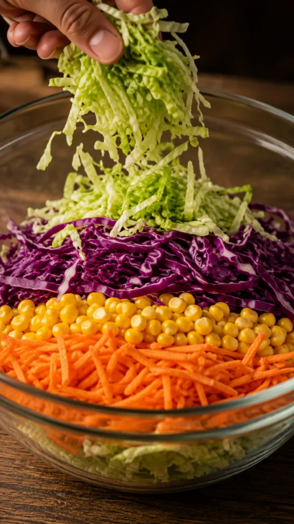 A hand adding shredded green lettuce to a clear glass bowl which already contains layers of red cabbage corn and carrots