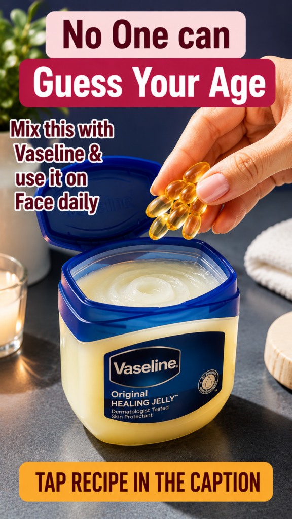 A hand holding several translucent golden capsules over an open jar of Vaseline Original Healing Jelly with a softly lit