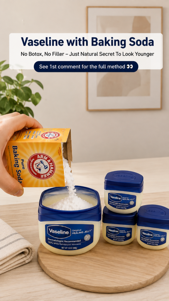 A hand pouring baking soda from a box into a large tub of Vaseline Original Healing Jelly with smaller Vaseline tubs nea