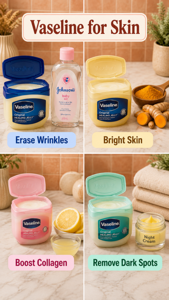 A four-panel grid showing an open jar of Vaseline healing jelly paired with baby oil for softening fine lines turmeric p