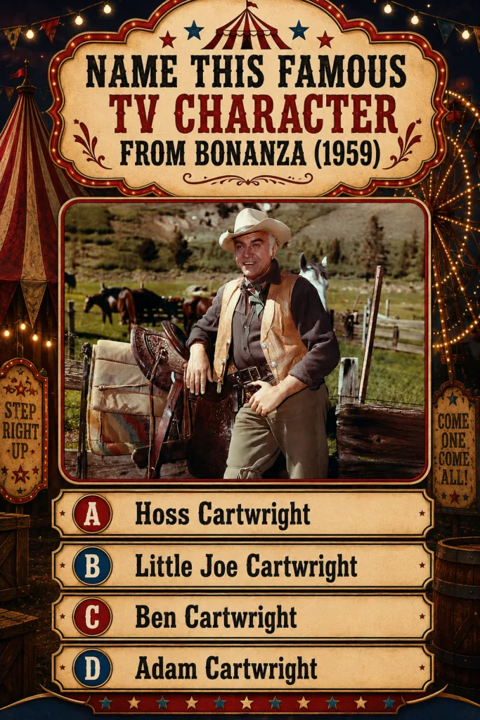 A vintage-themed quiz poster featuring a colorized photo of Ben Cartwright Lorne Greene from Bonanza smiling in a cowboy
