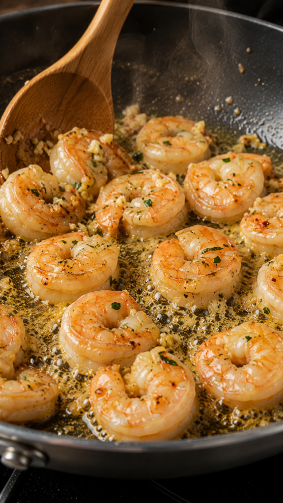 A close-up high-angle view of plump seasoned mushrooms cooking in a hot pan coated in a glistening vegan garlic butter s