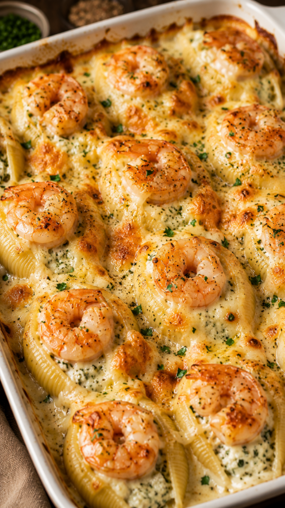 A rectangular baking dish filled with a creamy golden-brown vegan pasta bake Large jumbo pasta shells conchiglie are vis