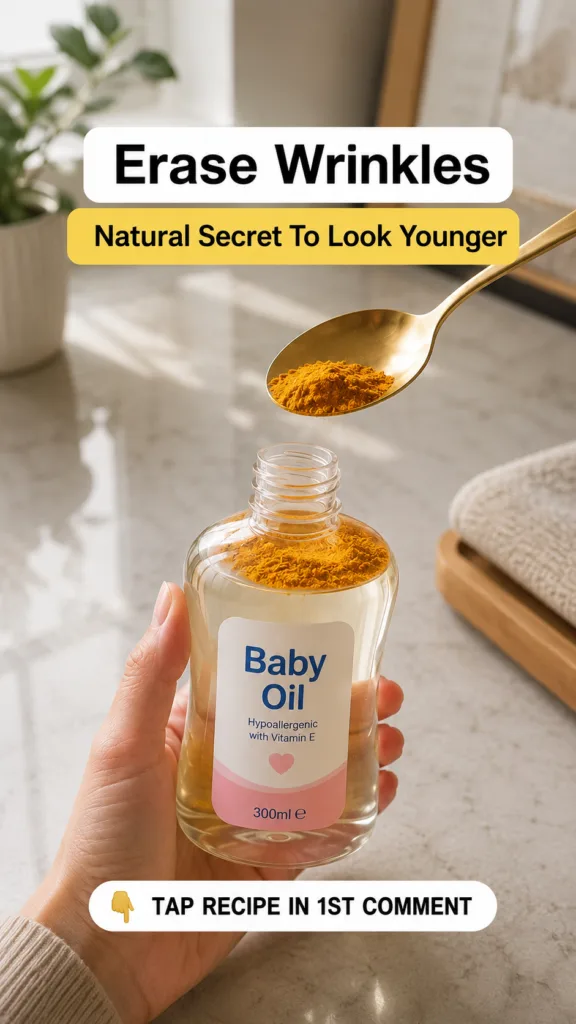 A hand holding a bottle of baby oil sprinkling vibrant orange turmeric powder into it from a golden spoon A green plant 