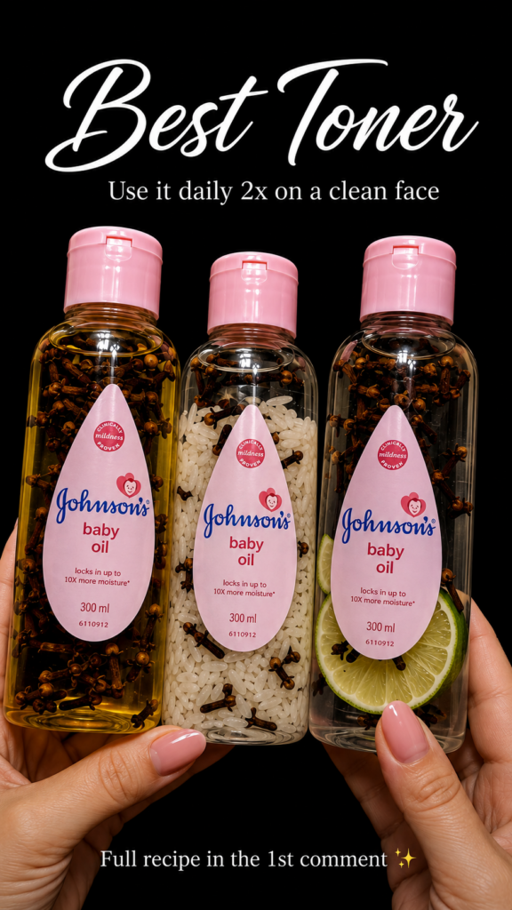 Three clear bottles of Johnson s baby oil each infused with different natural ingredients like cloves rice and lime slic