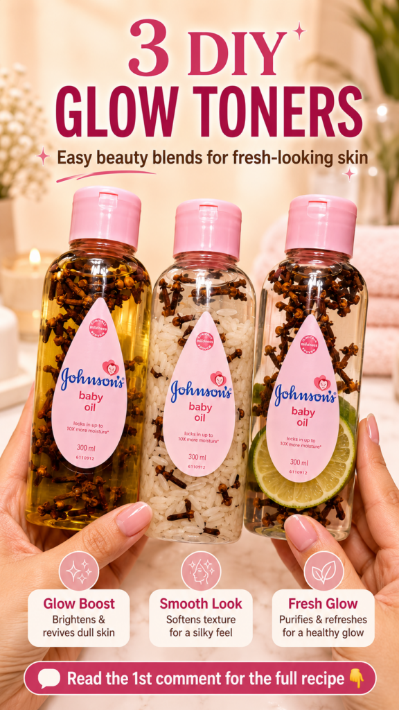 Three clear bottles of Johnson s baby oil each infused with different natural ingredients cloves rice grains with cloves