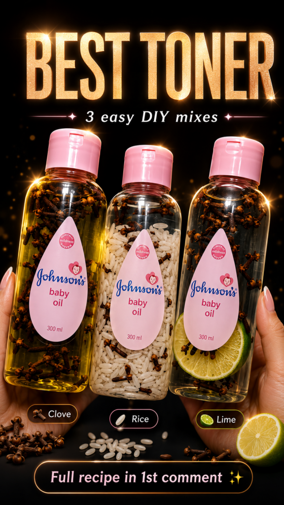 Three clear bottles of Johnson s baby oil each infused with different natural ingredients cloves rice grains and a lime 