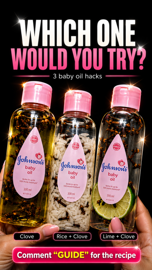 Three bottles of infused baby oil one with cloves one with rice and cloves and one with lime and cloves held by hands ag
