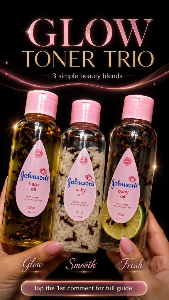 Three transparent bottles of Johnson s baby oil each infused with different natural ingredients one with cloves one with