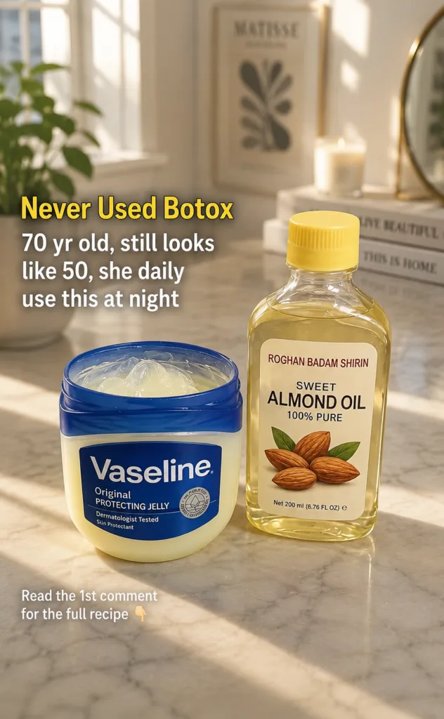 A jar of Vaseline Original Protecting Jelly and a bottle of Sweet Almond Oil on a light marble surface with a potted pla