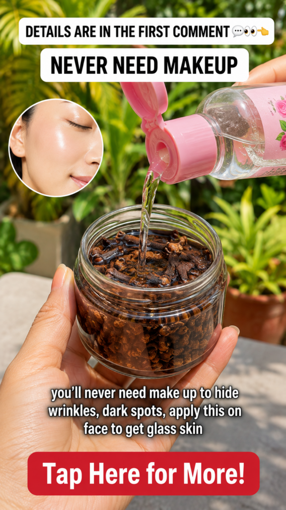 Hands pouring a clear liquid from a pink-capped bottle into a glass jar with cloves with an inset of glowing skin