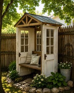 A charming garden reading nook constructed from several repurposed old wooden doors painted in a soft inviting color The