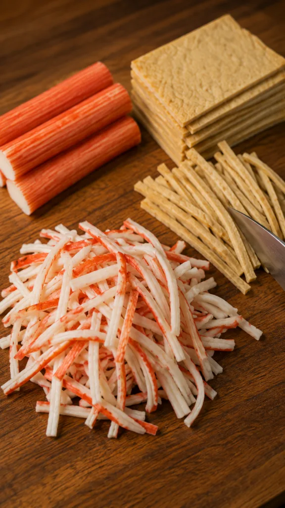 Various prepared food ingredients including shredded and whole imitation crab sticks and rectangular fish cakes laid out