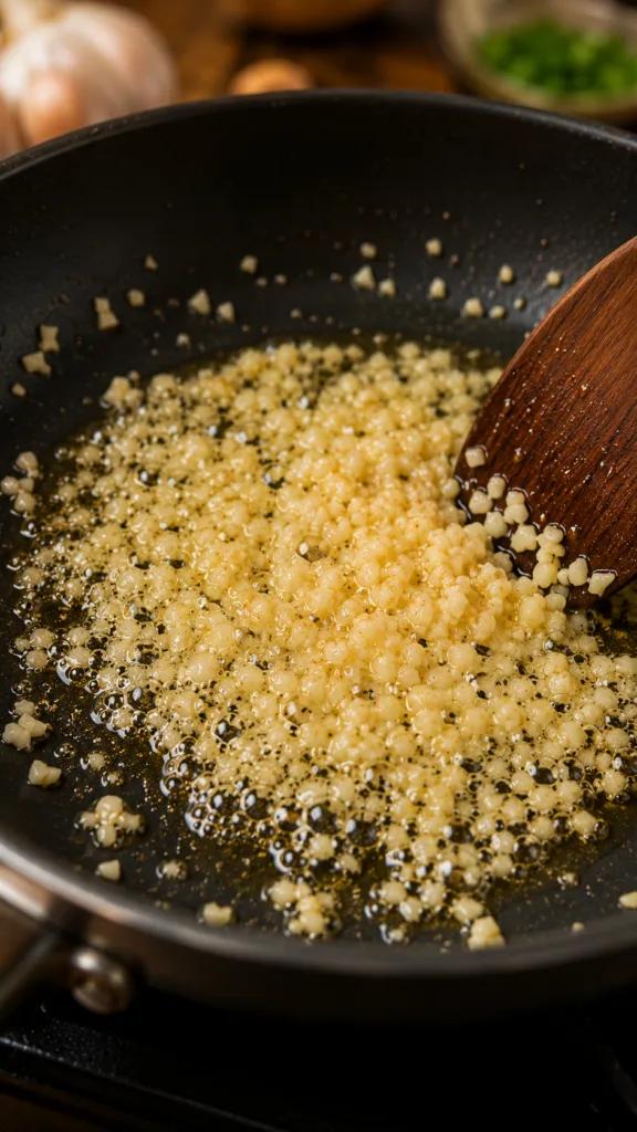 Minced garlic sizzling in a non-stick frying pan with shimmering oil a wooden spoon partially visible and gentle bubblin