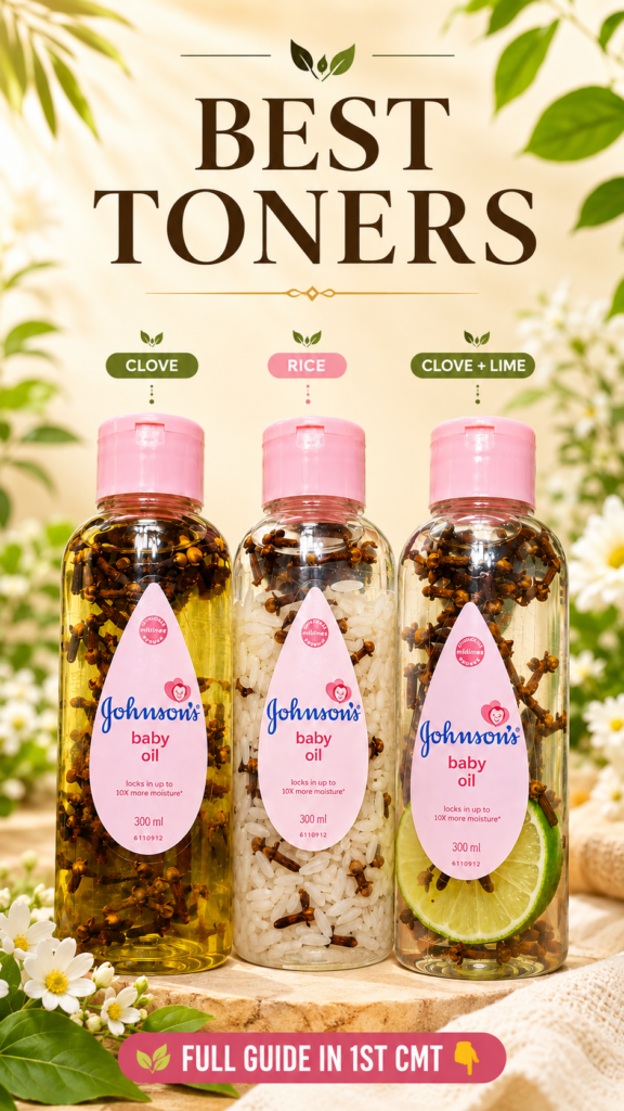Three Johnson s baby oil bottles infused with natural ingredients cloves rice cloves with lime on a wooden surface with 
