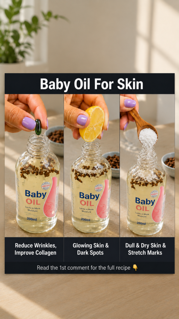 Three hands with purple manicures preparing different baby oil infusions adding a green capsule squeezing a lemon slice 