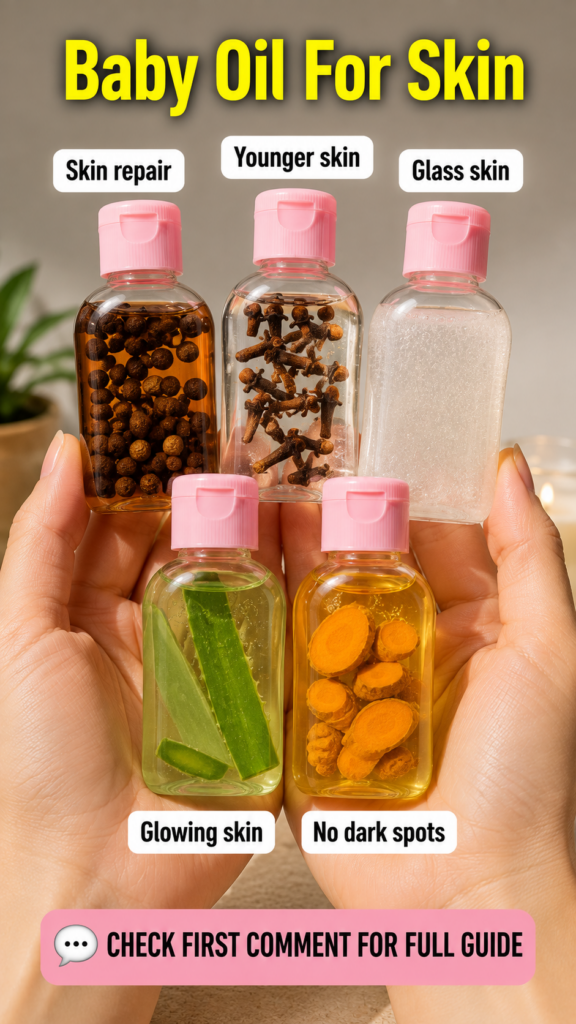 Hands holding small transparent bottles with natural ingredients like black peppercorns cloves aloe vera and turmeric la