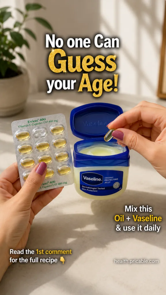 Two hands holding a blister pack of Evion 400 Vitamin E Capsules and an open jar of Vaseline Original Protecting Jelly w