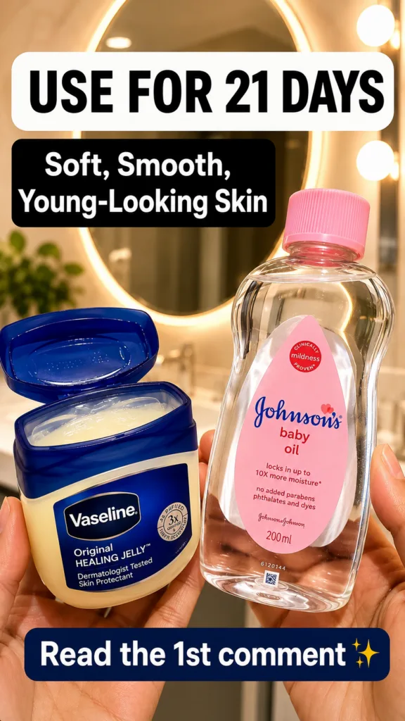 Two hands holding an open jar of Vaseline Original Healing Jelly and a bottle of Johnson s baby oil in a softly lit bath