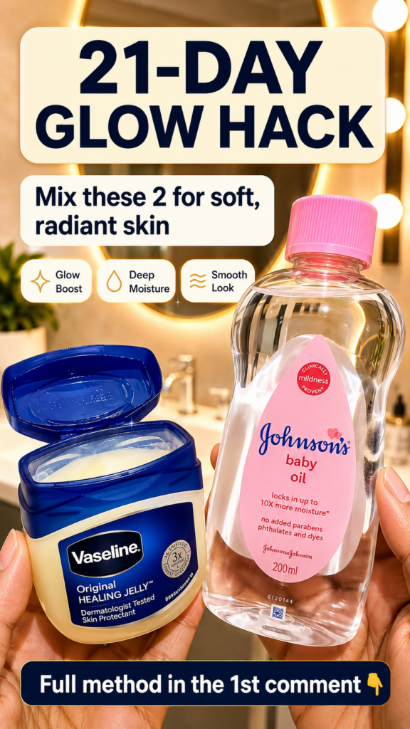 Two hands holding an open jar of Vaseline Original Healing Jelly and a bottle of Johnson s baby oil against a blurred ba
