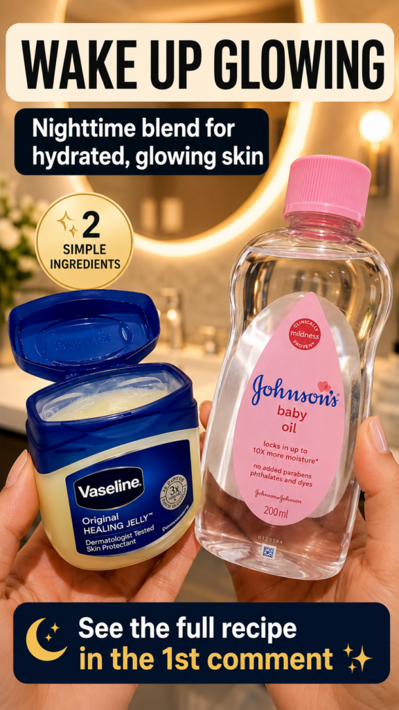 Two hands holding an open tub of Vaseline Original Healing Jelly and a bottle of Johnson s Baby Oil in a softly lit bath