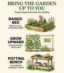 An infographic showing four smart gardening tips raised beds trellises a potting bench and a small stool with accompanyi