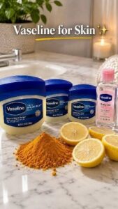 A small bowl containing a yellow paste representing the prepared Vaseline turmeric and lemon mask with a spoon beside it