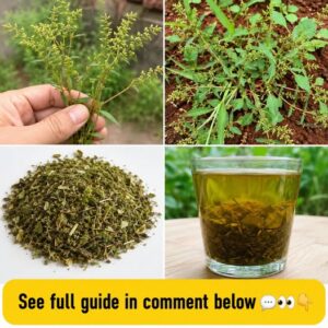 A hand holding a bunch of freshly harvested dandelion leaves with garden soil and other garden plants blurred in the bac