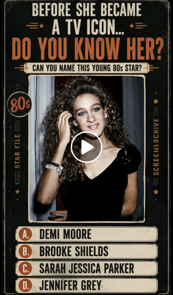 A retro-styled graphic quiz featuring a vibrant portrait of a young Sarah Jessica Parker with curly hair and a confident