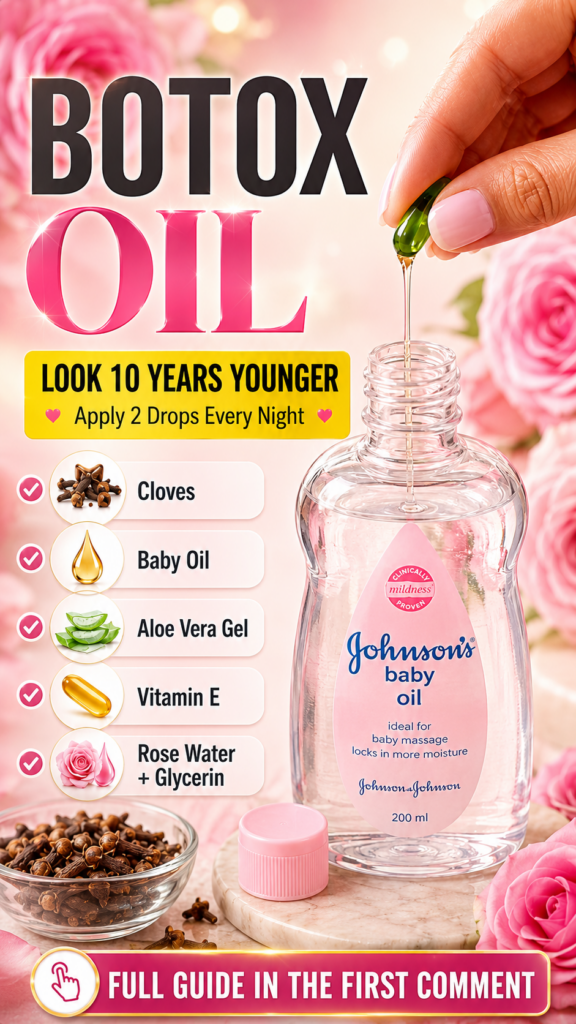 A hand dripping oil from a green vitamin E capsule into a bottle of baby oil with cloves and blurred pink roses in the b
