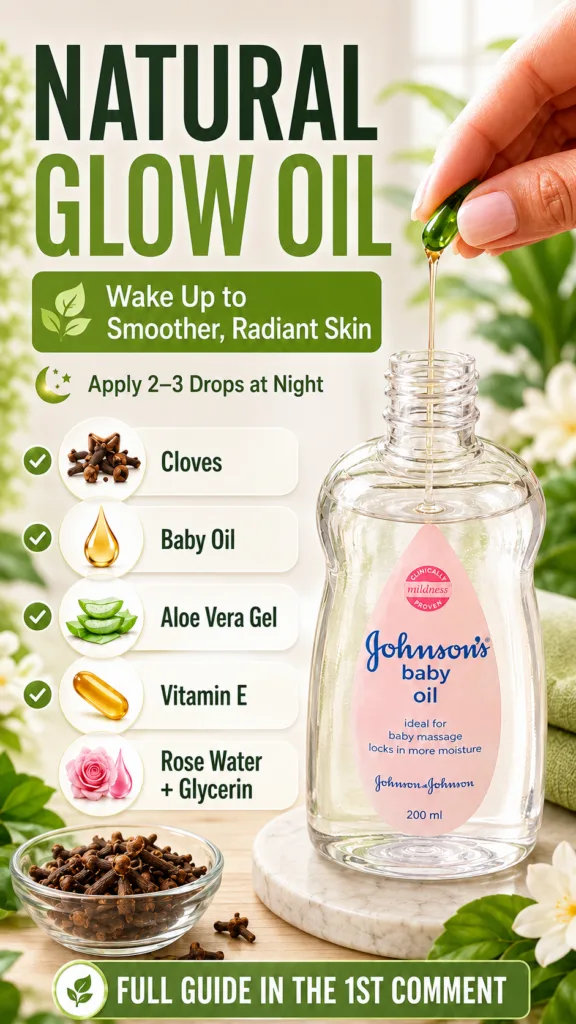 A hand holding a green vitamin E capsule dripping oil into an open bottle of Johnson s baby oil with cloves aloe vera ge