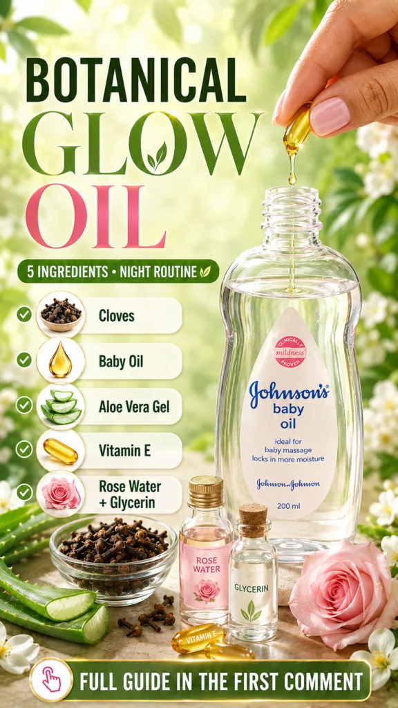 A hand is dropping a vitamin E capsule into a large bottle of baby oil Around it are small bowls of cloves aloe vera lea