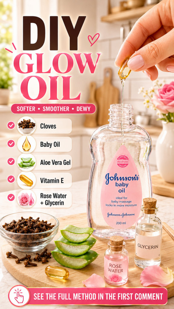 A flat lay of ingredients for DIY glow oil including Johnson s baby oil vitamin E capsules cloves aloe vera slices rose 